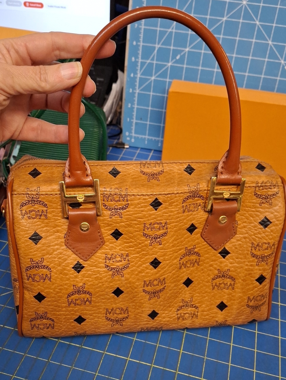 MCM Cognac Visetos Monogram Satchel Gold Hardware Removable Adj Strap Preloved - Picture 5 of 16